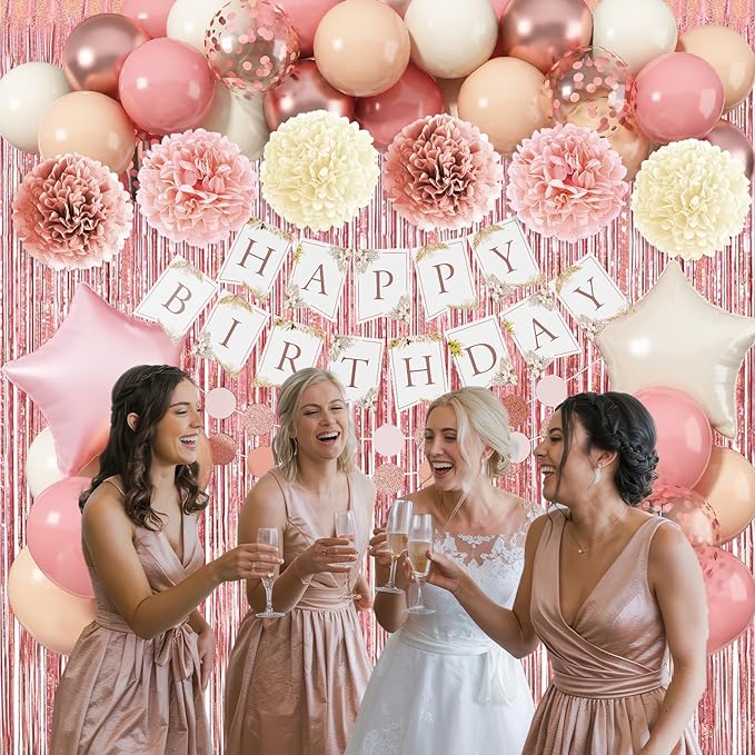 Pink Birthday Decorations for Women, Boho Dusty Pink Rose Gold Blush Beige Latex Balloons Happy Birthday Banner Foil Fringe Curtain Tissue Paper Pompom for Woman Girls Party Decoration Supplies