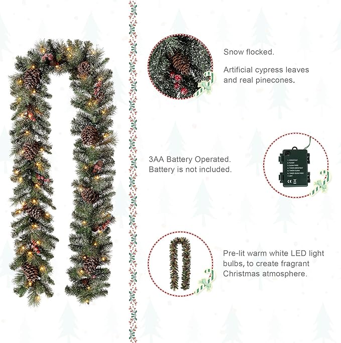 Glitzhome 9ft Prelit Christmas Garland, Glittered Greenery Garland Artificial Pine Garland with Pine Cones Berries, Christmas Garland with Lights and Timer for Mantle, Fireplace, Stairs Decorations