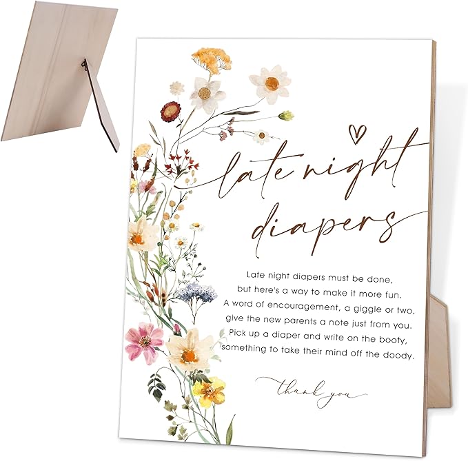 Flower Baby Shower Games Late Night Diapers Sign, Baby Shower Table Decorations for Gender Reveal Party, Centerpiece Party Decorations, Gender Reveal Gifts, 6X8 Inch Wooden Sign with Stand, 8