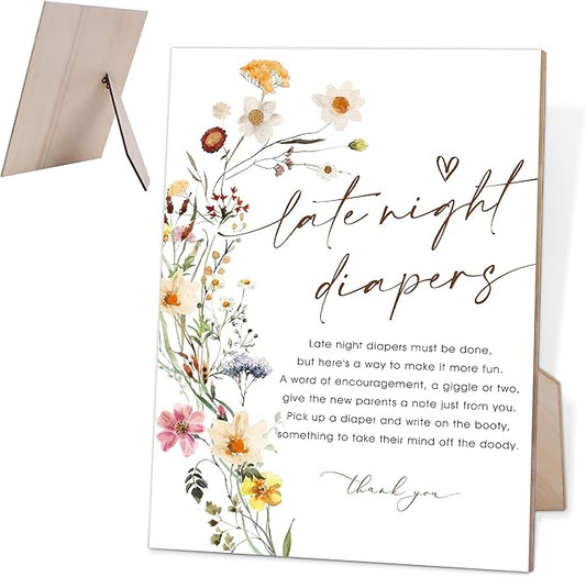 Flower Baby Shower Games Late Night Diapers Sign, Baby Shower Table Decorations for Gender Reveal Party, Centerpiece Party Decorations, Gender Reveal Gifts, 6X8 Inch Wooden Sign with Stand, 8