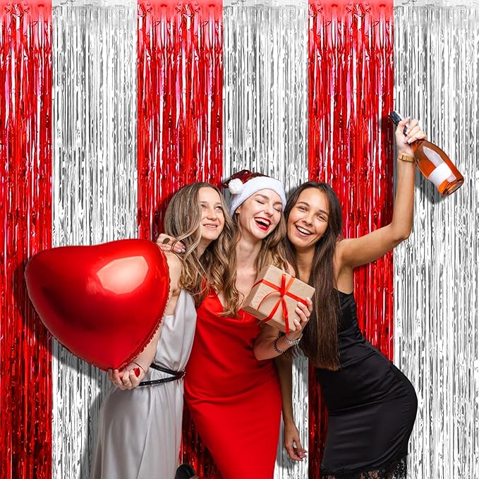 4 Pack 3.2Ft x 9.8Ft Silver Red Foil Fringe Curtain Backdrop, Metallic Tinsel Foil Fringe Streamers Curtains Background for Photo Booth, Wedding, Circus Welcome Carnival Birthday Party Decoration