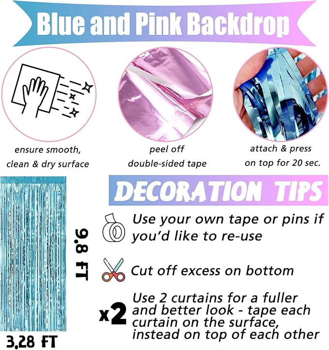 4 Pack 3.2Ft x 9.8Ft Pink Blue Fringe Curtain Backdrop, Metallic Tinsel Foil Fringe Streamers Curtains Background for Photo Booth Wedding Gender Reveal Backdrop Boy or Girl Birthday Party Decoration