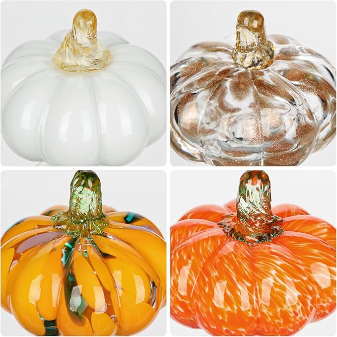 Glass Pumpkin Fall Decor Set – 4 PCS Handblown Pumpkins for Autumn Decorations, Halloween, Thanksgiving, Harvest Table Centerpiece, Mantel Fall Accents