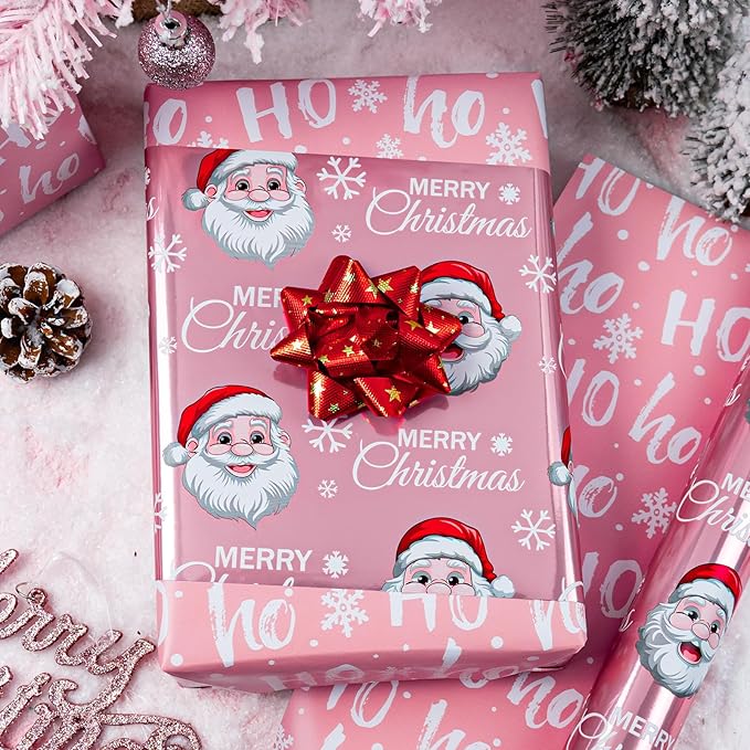 MAYPLUSS Pink Christmas Wrapping Paper Roll - 17IN X 33FT - Santa Claus Gift Wrapping Paper Featuring Merry Christmas Snowflake Reversible HO for Kids, Holiday, New Year