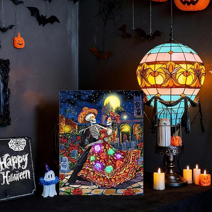 Artiluxy Ghost Bride Skeleton Couple Dance LED Wall Art - 16x20 Inch Day of the Dead Decor with RGB Color Changing Lights & Auto Timer, Vertical Hanging Gifts for Halloween