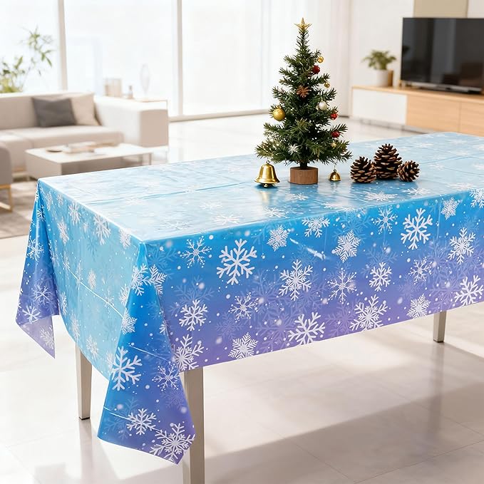 Mornajina 4 Packs 108 x 54 Inch Snowflake Tablecloth Merry Christmas Party Tablecloth Decorations Disposable Rectangle Plastic Snowflake Table Cloth (Blue)