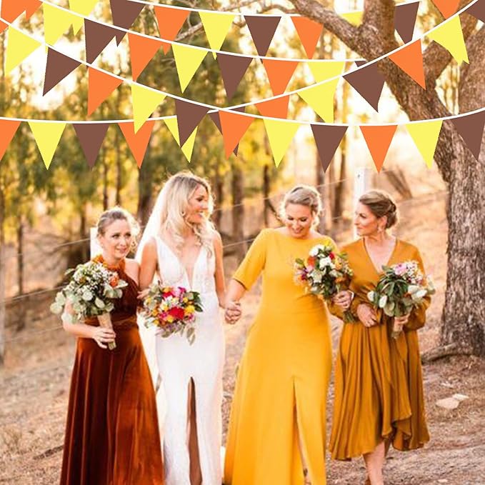 32Ft Orange Yellow Brown Fall Pennant Banner Fabric Triangle Flag Bunting Garland for Autumn Thanksgiving Wedding Birthday Outdoor Garden Hanging Decoration