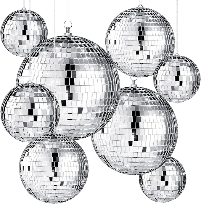 Haull 8 Pcs Large Disco Ball Set Silver Mirror Disco Reflective Ball with Hanging Ring Party Ornament Decoration for Stage Club Ballroom Dance Hall Wedding Prom Props(12'', 8'', 6'', 4'')