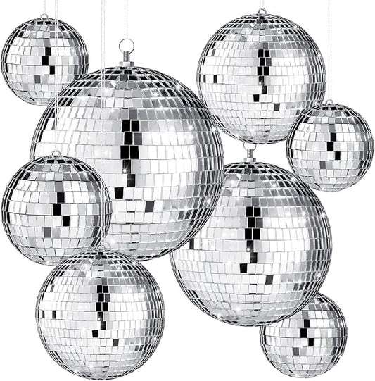 Haull 8 Pcs Large Disco Ball Set Silver Mirror Disco Reflective Ball with Hanging Ring Party Ornament Decoration for Stage Club Ballroom Dance Hall Wedding Prom Props(12'', 8'', 6'', 4'')