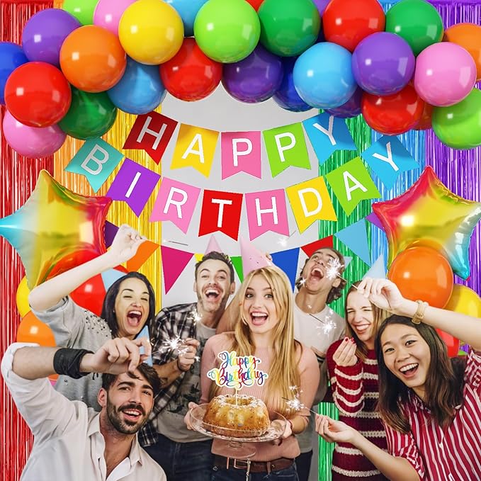 Rainbow Birthday Decorations for Kids, Colorful Party Decor Assorted Color Latex Foil Balloons Fringe Backdrop Happy Birthday Banner Cake Toppers for Boys Girls Carnival Circus Party Supplies