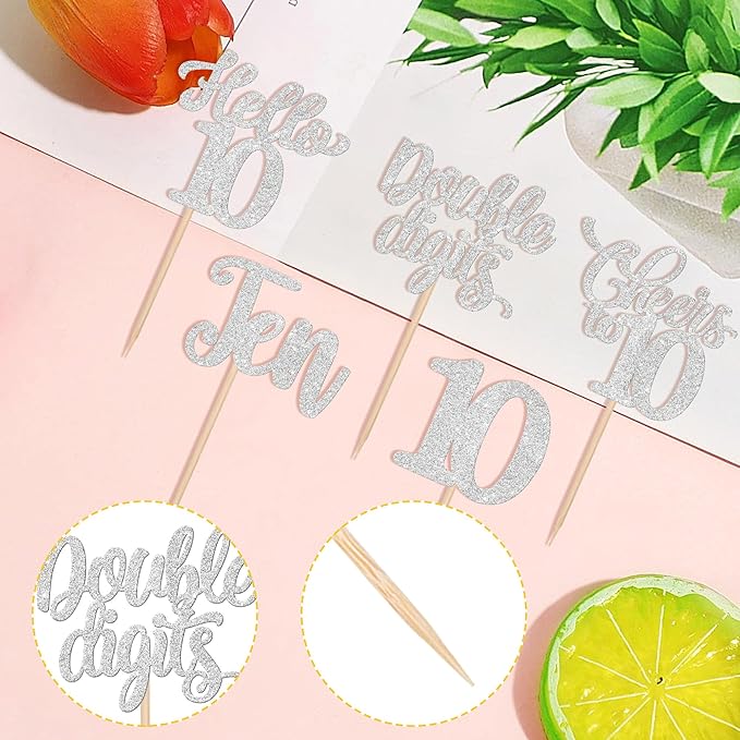 30PCS Happy 10th Birthday Cupcake Toppers Glitter Ten Double Digits Hello 10 Cupcake Picks Cheers to 10 Birthday Decorations for 10th Birthday Anniversary Party Cake Decorations Supplier Silver