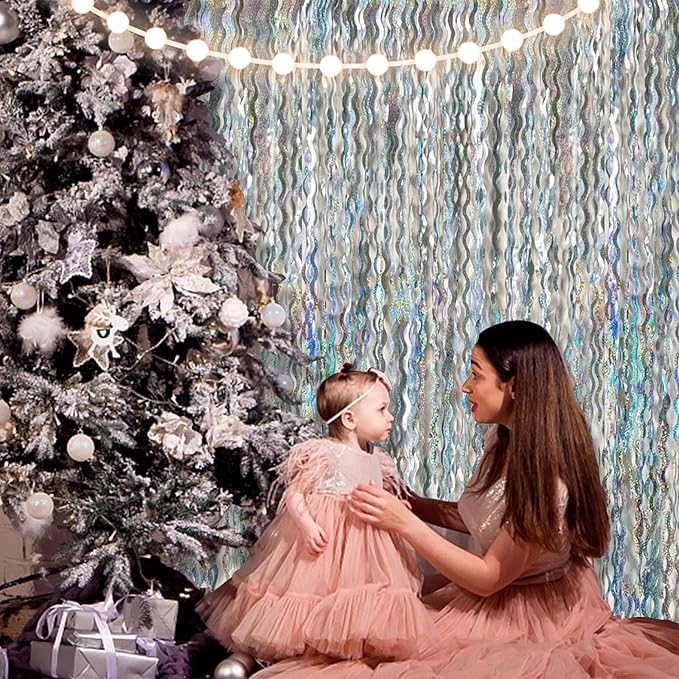 Tinsel Foil Fringe Curtains Wavy Backdrop for Parties Sparkle Metallic Wavy Foil Fringe Backdrop Curtain for Party Decorations Photo Booth Props for Birthday Graduation Wedding
