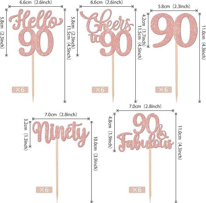 30PCS Happy 90th Birthday Cupcake Toppers Glitter Ninety Cheers to 90 Years Old Birthday Cupcake Picks Hello 90 Fabulous Cake Decorations for Happy 90th Birthday Anniversary Party Supplies Rose Gold