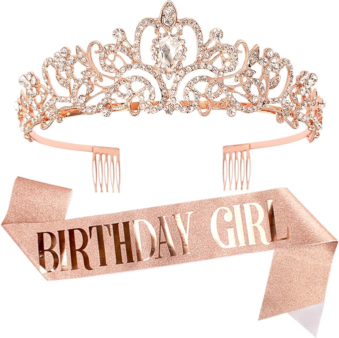 VELSCRUN Birthday Tiara & Crown Set - Princess Sash, Happy Birthday Girl Tiara, Party Decorations & Gifts