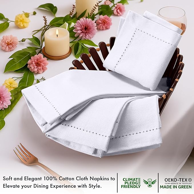 Ruvanti Cloth Napkins - 100% Cotton Dinner Napkins, Hem Stitched Corners, 18x18 Inch, 12 Pack - Soft, Absorbent, Durable, Reusable, Wrinkle Resistant for Formal Dining & Everyday Use - White