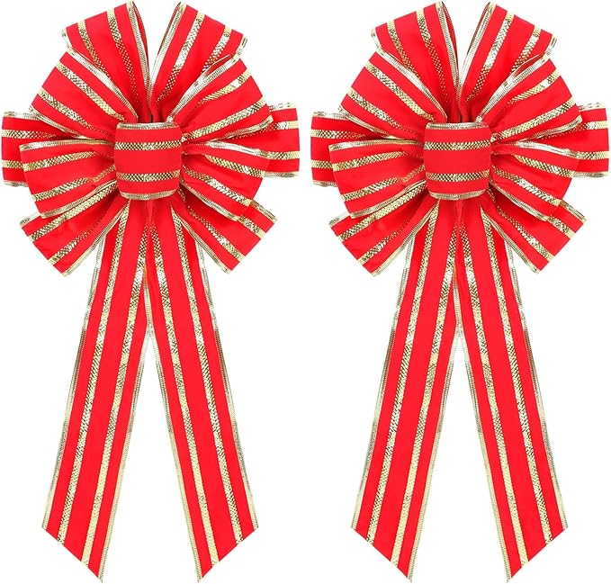 RoseCraft 2PCS Red/Gold Christmas Bow, 9”x13” Large Velvet Christmas Tree Topper Bow Ornaments for Home Xmas Tree Wreath Fence Stairs Railing Fireplace Indoor Outdoor Front Door Party Decoration.