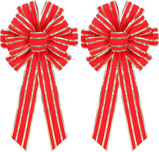 RoseCraft 2PCS Red/Gold Christmas Bow, 9”x13” Large Velvet Christmas Tree Topper Bow Ornaments for Home Xmas Tree Wreath Fence Stairs Railing Fireplace Indoor Outdoor Front Door Party Decoration.