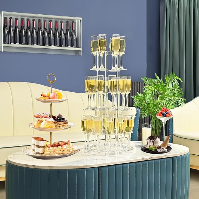 Champagne Tower, Circle Acrylic Champagne Display Rack Stand with 28 Slots, 3 Tier Floating Sight Champagne Flute Holder for Party, Wedding, 13.4x13.4x25.5 inch, 2Pcs