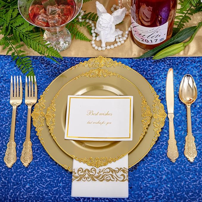 Morejoy 175PCS Solid Gold Plastic Plates with Gold Rim，gold disposable dinnerware sets Include 25 Dinner Plates,25 Dessert Plates,25 Cutlery Sets,25 Napkins Perfect for Party & Thanksgiving
