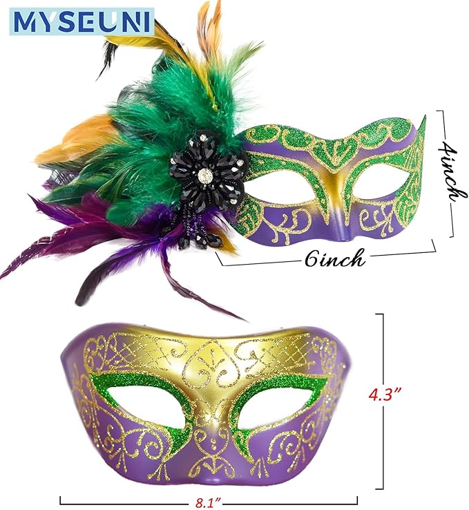 Mardi Gras Mask with Feathers - Venetian Couple Carnivals Masks for Masquerade Party, Cosplay Party, Theme Ball
