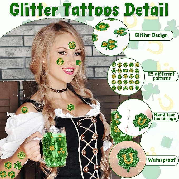 Glitter St Patricks Day Tattoos, 25 Styles Saint Patricks Day Green Gold Shamrock Tattoos with Lucky Clover, Temporary Face Stickers for St Patricks Day Accessories Party Favors