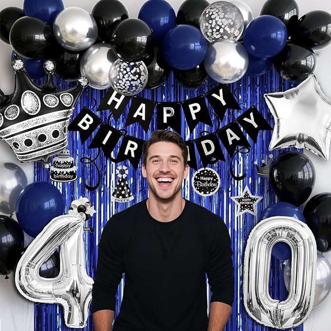 40th Birthday Decorations for Men and Women, Black Blue Silver Happy Birthday Number 40 Balloons, Banner, Fringe Curtains Garland Kit - 40 Year Old Party Supplies