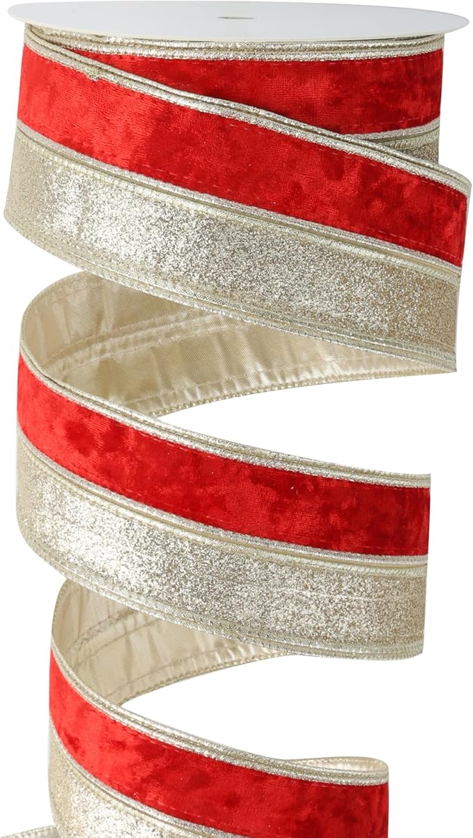 Red Velvet Wired Christmas Ribbon 2.5 Inch Red and Gold Glitter Holiday Ribbon – 10-Yards Roll for Tree Decorations, Gift Wrapping, Wreaths, and DIY Crafts