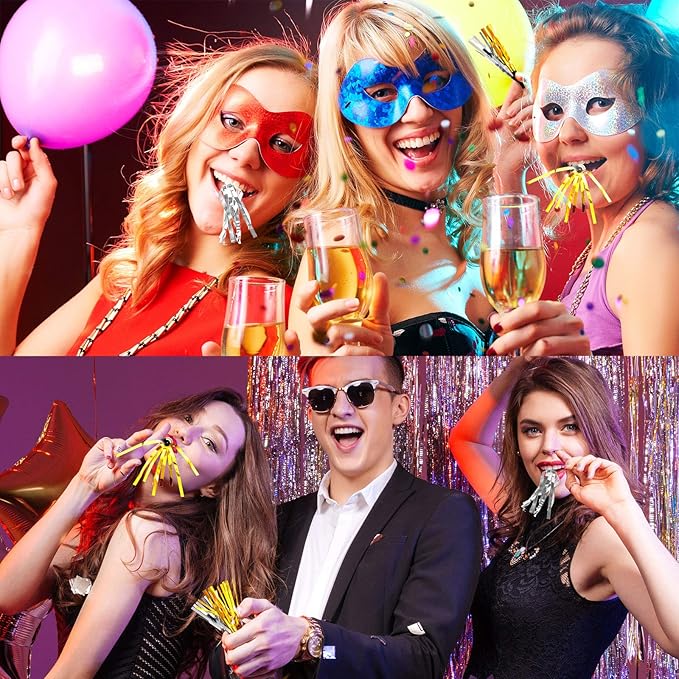 200 Pcs Party Blowers Noise Makers Horns Blowout Clappers Noisemakers for Halloween Christmas Birthday Sporting New Year's Eve Party Supplies 2026(Black Gold, Black Silver)