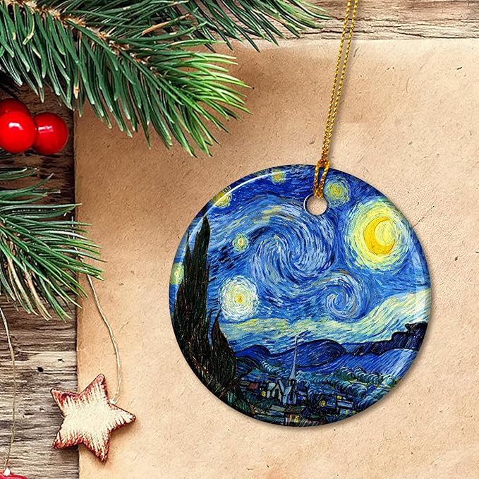 Starry Night Style Christmas Ornaments, Christmas Ornaments Ceramic Art Ornament Starry Night by Van Gogh – Artist Ornaments for Christmas Tree, Elegant Blue Ornaments for Tree, Art Holiday Decor