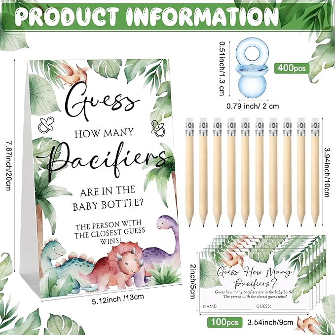 Roowest 512 Pcs Baby Shower Games Guess How Many Pacifiers Sign 100 Small Guessing Games 10 HB Pencils 750ml Milk Bottle 400 Acrylic Pacifiers Decoration for Guest Gender Reveal(Cute,Dinosaur)