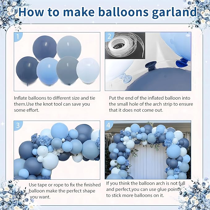 Dusty Blue Balloons Arch Kit, Double Stuffed Dark Blue Balloons Denim Light Pastel Blue Balloon Garland for Birthday Wedding Baptism Graduation Gender Reveal Party Decoration