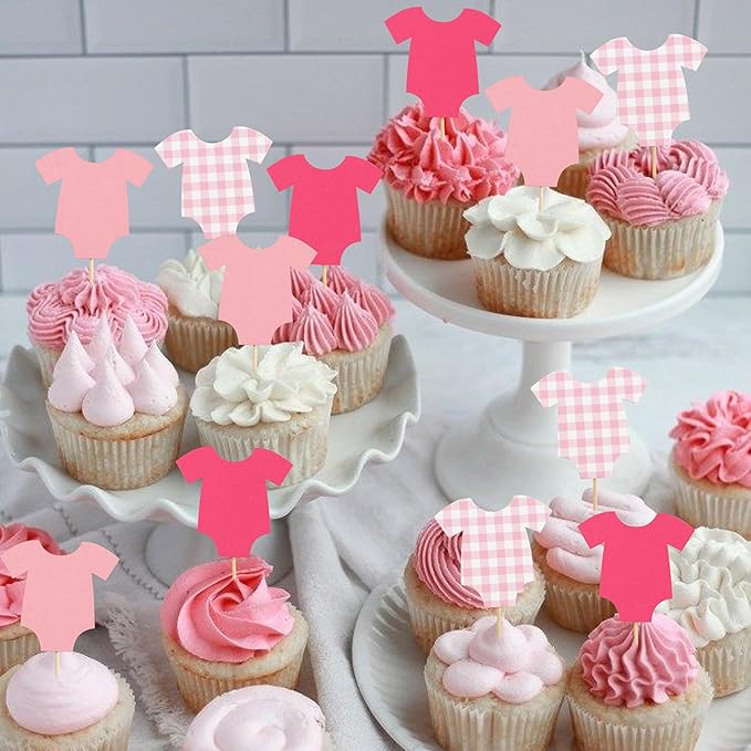 Pink Bodysuit Cupcake Topper - Baby Shower Decoration Pink Gingham Cake Topper,Baby Shower Bunting (pink-topper)