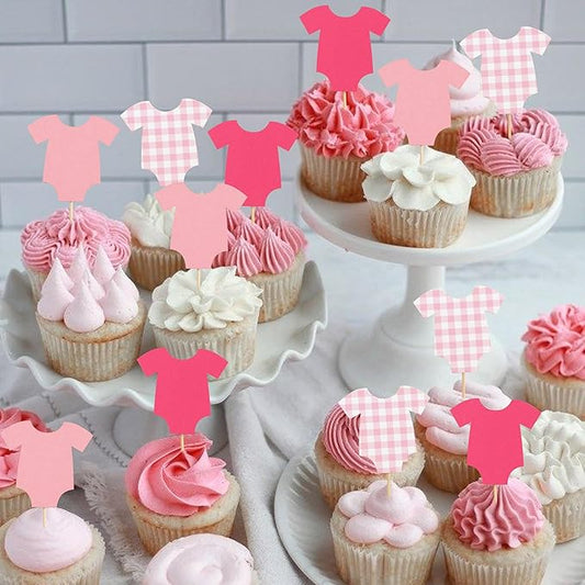 Pink Bodysuit Cupcake Topper - Baby Shower Decoration Pink Gingham Cake Topper,Baby Shower Bunting (pink-topper)