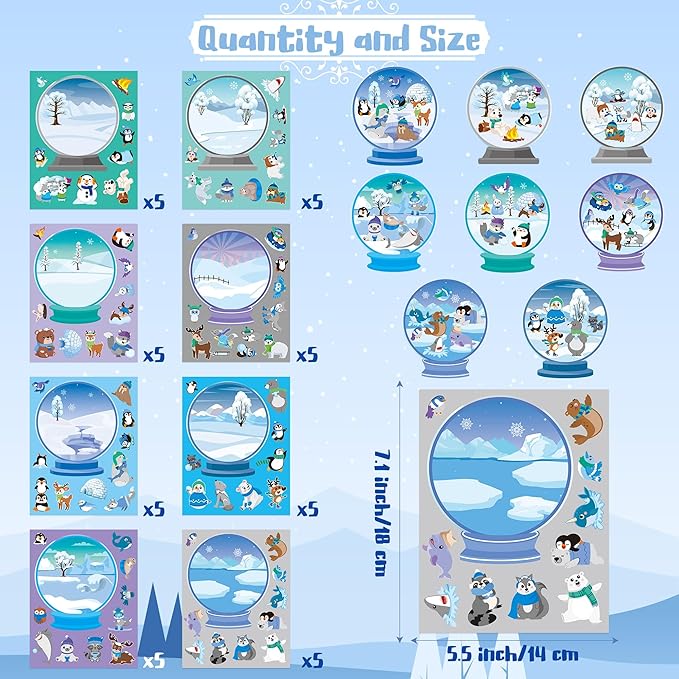 CY2SIDE Winter Polar Animals Make-a-Face Sticker Sheets - 40PCS Make Your Own Winter Crystal Ball Stickers Craft Games for Kids School Rewards DIY Winter Christmas Party Favors for Kids Home Project