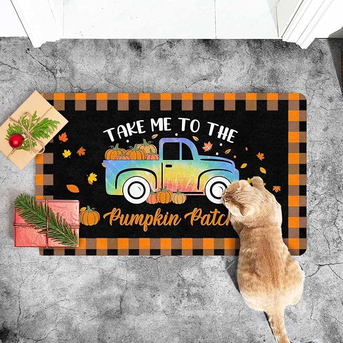 Thanksgiving Door Mat Fall Welcome Mat for Front Door, Autumn Pumpkins with Truck Buffalo Plaid Seasonal Non Slip Doormat for Entrance Entryway Outside Thanksgiving Farmhouse Decor