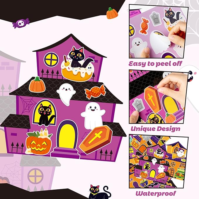 CY2SIDE Halloween Haunted House Stickers Scene - 12 Set Make A Haunted House Sticker Scene Craft Kits for Kid Make Your Own Halloween House Scene with Witch Sticker DIY Halloween Craft Class Activity