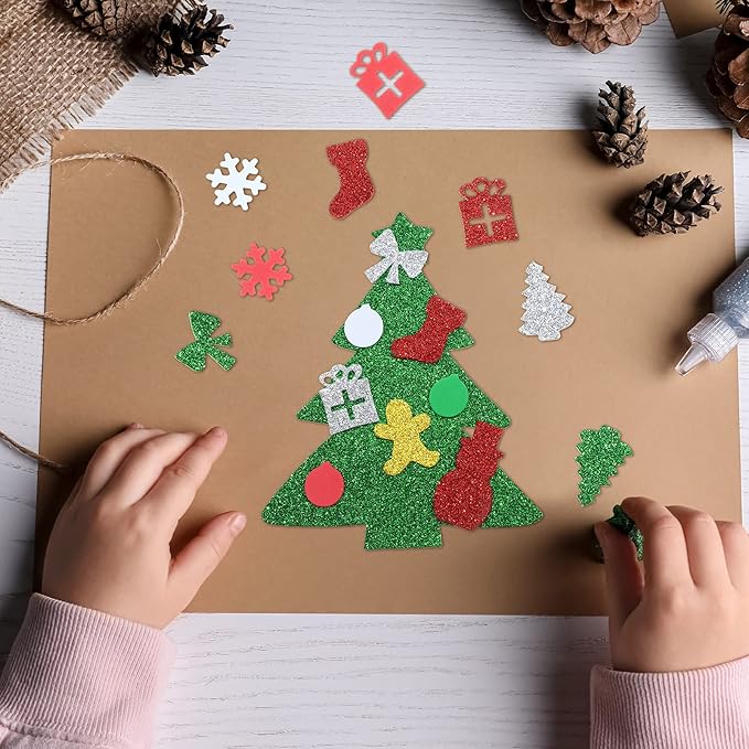 24 Kits DIY Christmas Tree Foam Stickers Bulk Self Adhesive Holiday Winter Glitter Foam Stickers Christmas Tree Craft Kits for Party Favors Fun Home Activities