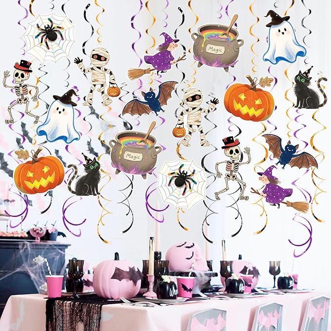 Halloween Hanging Party Decorations, 48 Pcs,Ceiling Decor Indoor Swirl Witches Cauldron Ghost Pumpkin Skull Cat Witch Party Supplies Sign,Black Purple Orange