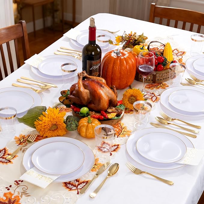 YOUBET 175PCS Gold Rimmed Plastic Plates - White and Gold Disposable Plates Includes 25 Dinner Plate, 25 Dessert Plate, 75Silverware, 25 Cups, 25 Napkins for Wedding & Party & Thanksgiving