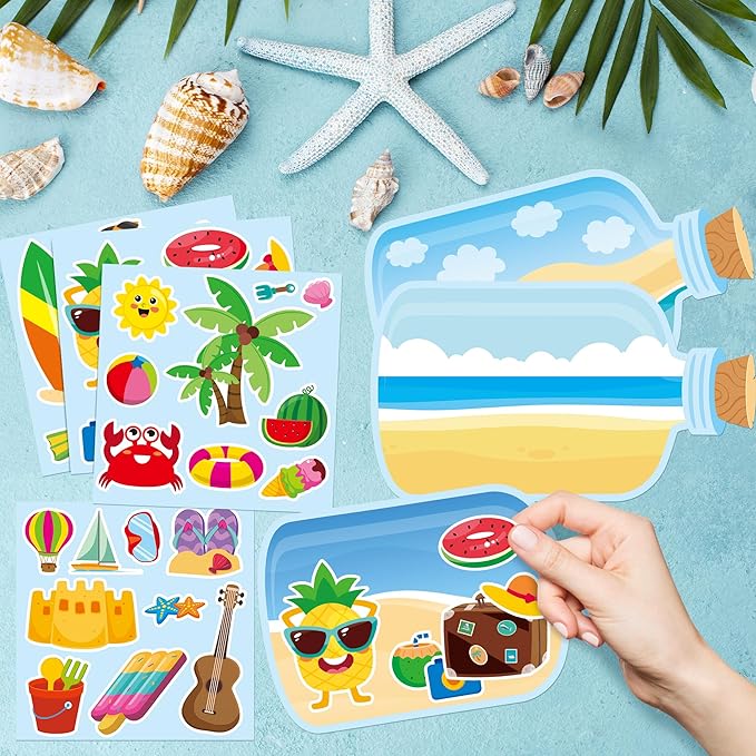 CY2SIDE Summer Beach Stickers - 12PCS Summer Drifting Bottles Sticker Art Craft for Kid Make Your Own Beach Sticker Scene with Pineapple Flamingo DIY Hawaii Party Game Class Fun Activities