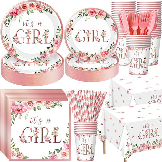 452 Pcs Pink Floral Baby Shower Party Supplies Include It's a Girl Baby Shower Paper Plates Cups Napkins Tablecloth Cutlery Straws for Pink Flower Girl Gender Reveal Birthday Party