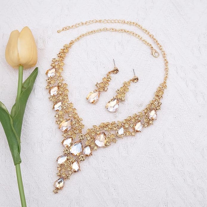CSY Elegant Crystal Costume Jewelry Sets Flower Bridal Necklace Earrings Stretch Bangle Set for Bride Bridesmaid Wedding Dress Accessories