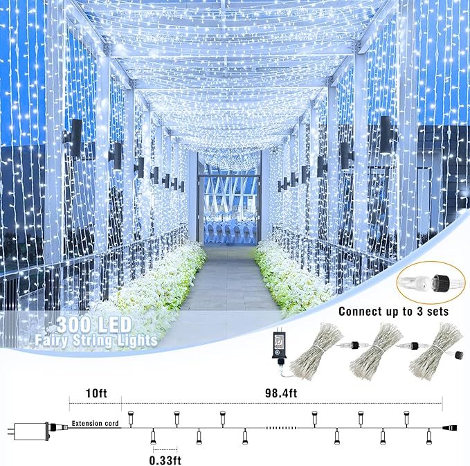 100ft White Christmas Lights Outdoor 300 LED String Lights Indoor Clear Wire Waterproof, 8 Modes Connectable Twinkle Fairy String Lights Plug in for Outside Room Bedroom Party Wedding Decorations