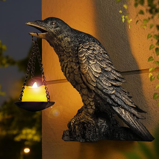 Halloween Decorations Outdoor Indoor Gothic Crow Wall Decor Table Candle Holder Raven Tealight Statue for Yard Patio Garden Bedroom Wearing Gold
