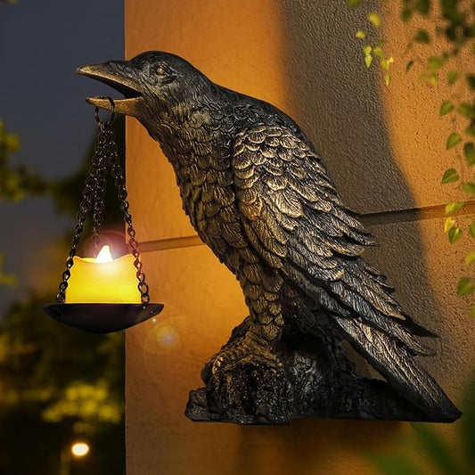Halloween Decorations Outdoor Indoor Gothic Crow Wall Decor Table Candle Holder Raven Tealight Statue for Yard Patio Garden Bedroom Wearing Gold