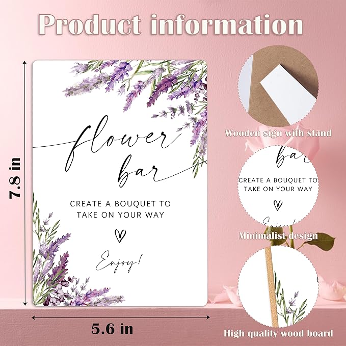 Flower Bar Sign, Lavender Bridal Shower Decorations, Wedding Reception Table Decorations, Engagement Party Decor, Purple Floral Wooden Sign with Stand for Wedding Reception And Bridal Party Decor, 20