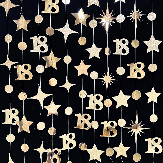 Champagne Gold 18th Birthday Decorations Number 18 Circle Dot Twinkle Star Garland Streamer Banner Backdrop for Girls Boys Happy 18th Birthday Time to Adult Cheers to 18 Years Old Anniversary Party