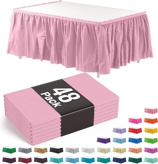 Exquisite Ruffle Table Skirt Pink 48 Pack 14 Ft Long Table Skirts for Rectangle Tables 6ft Plus or Round Tables Skirts with Adhesive Strip for Gender Reveal Decor & Happy Birthday Parties