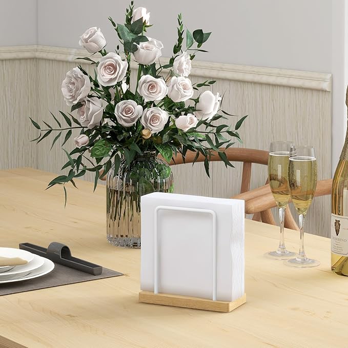 Napkin Holder for Table, Wood Metal Napkin Holder for Kitchen Dining, Standing Paper Napkin Storage for Table Countertop, White