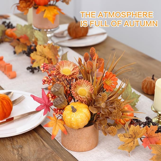 2PCS Fall Decor, Artificial Maple Leaves Pumpkin Berry Table Decorations, for Home Autumn Harvest Halloween Thanksgiving Holiday Party Table Centerpieces Fireplace Decor.